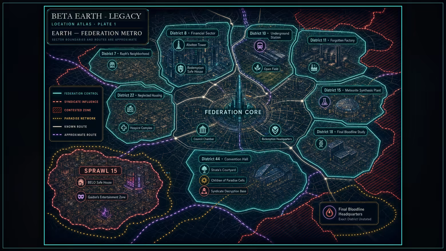 Beta Earth Legacy location atlas showing Federation Metro districts, routes, influence zones, and marked landmarks.