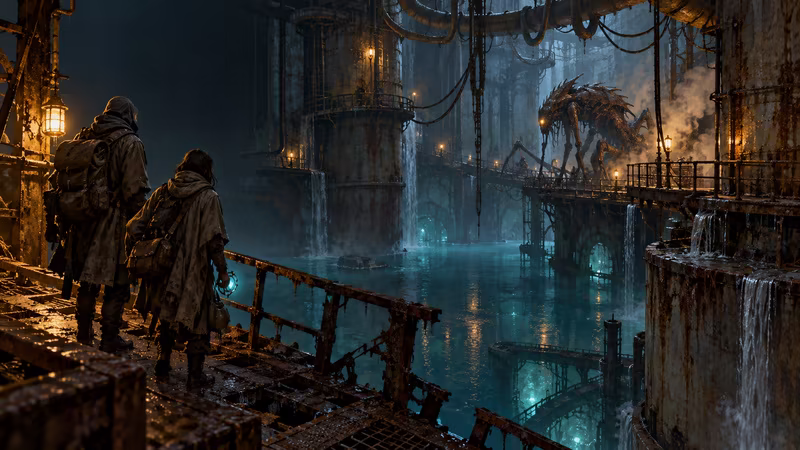 World illustration beneath Sprawl 15: immense cistern tanks, suspended walkways and two travelers above glowing water.