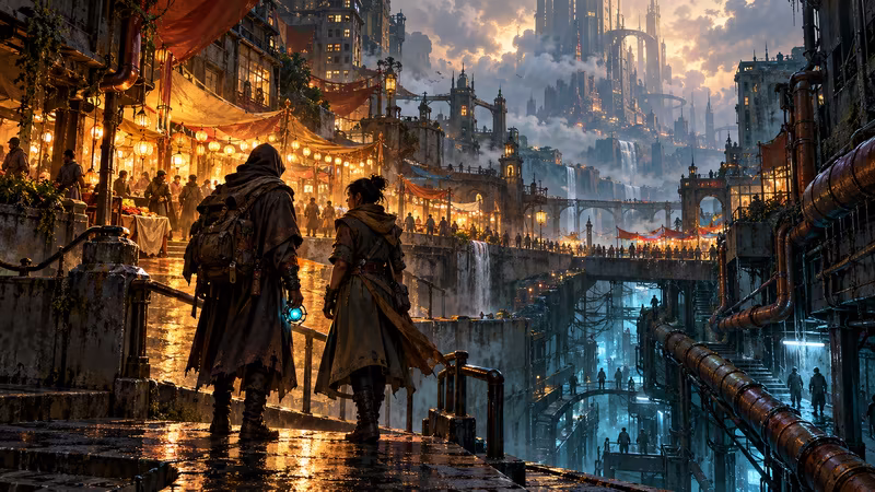 World illustration of rainlit Sprawl 15: towering city blocks, warm lanterns and two travelers with a cyan memory device.