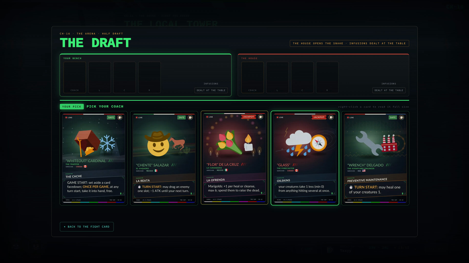 Arenaのドラフト画面。コーチの候補が5枚並び、それぞれにSAFEやJACKPOTの表示と能力の説明がある