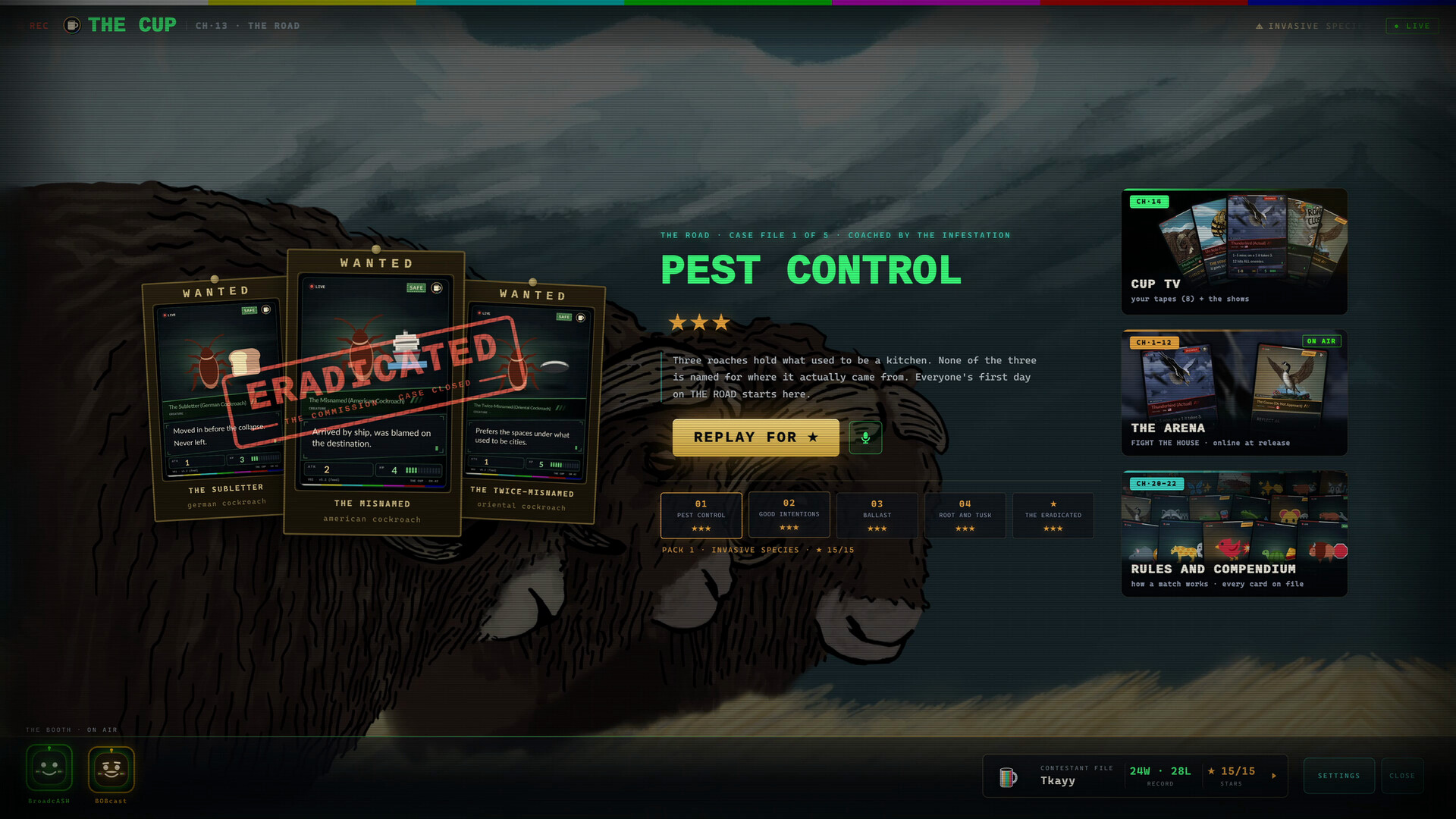 THE ROADのケース画面。「PEST CONTROL」の題名と星3つ、5つのケースの一覧が表示されている