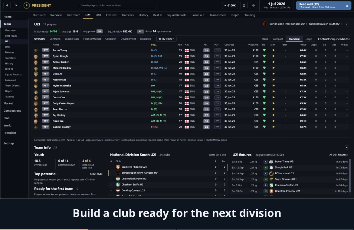 Screens showing the U21 squad, a player profile, the academy and affiliated clubs.