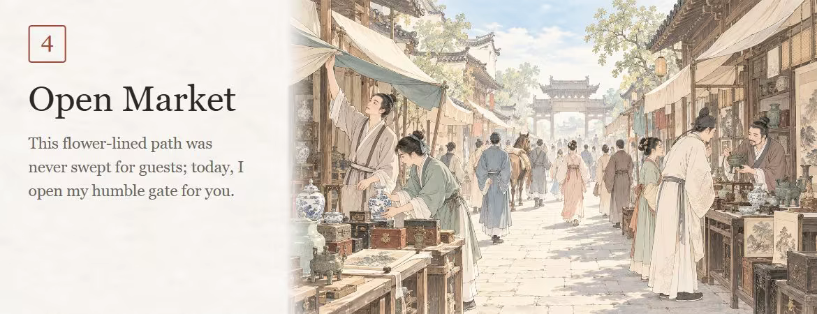 Chapter III: Rounds — Phase 4: Open Market. This flower-lined path was never swept for guests; today, I open my humble gate for you. People pass between shops along a market street in daylight.