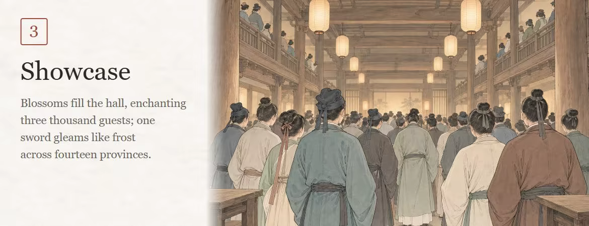 Chapter III: Rounds — Phase 3: Showcase. Blossoms fill the hall, enchanting three thousand guests; one sword gleams like frost across fourteen provinces. Lanterns light a hall where a crowd faces toward the far end.