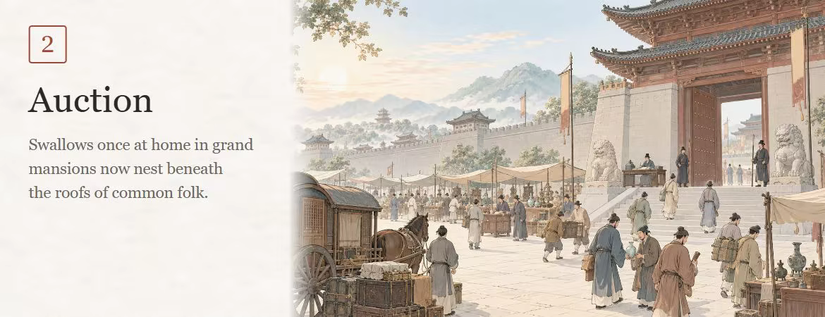 Chapter III: Rounds — Phase 2: Auction. Swallows once at home in grand mansions now nest beneath the roofs of common folk. Market stalls and visitors spread across a courtyard outside an official building.