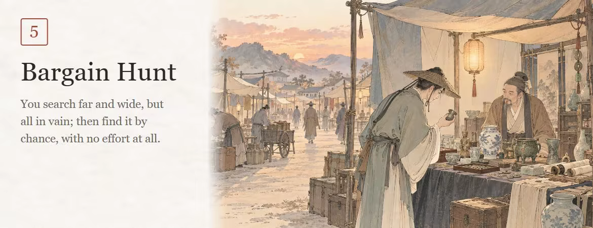 Chapter III: Rounds — Phase 5: Bargain Hunt. You search far and wide, but all in vain; then find it by chance, with no effort at all. A buyer in a hat leans over a stallholder’s table to inspect antiques.
