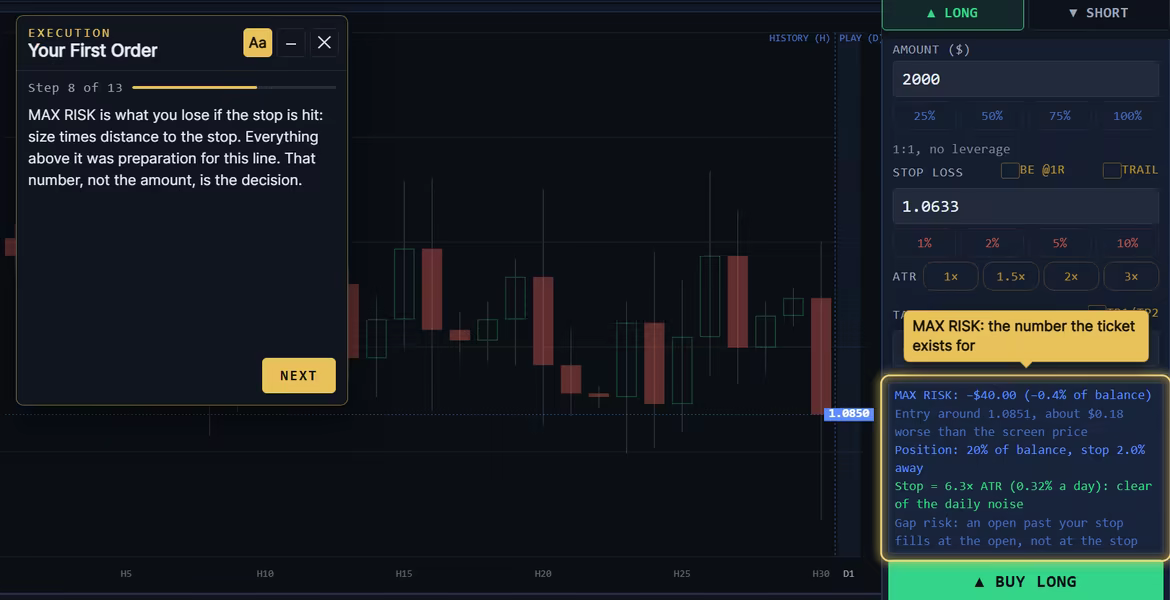 A live lesson on the real desk, highlighting the maximum risk line of the order ticket.