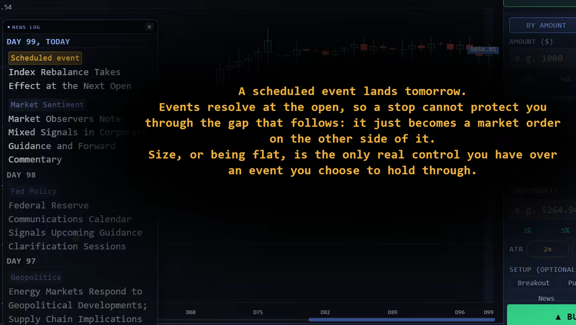A scheduled event warning over the chart, with the news log open: a stop cannot protect a position through the gap at the open.