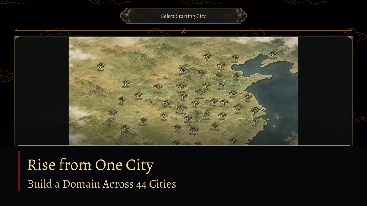 The player rises from one city, building a foundation through governance, officer appointments, and expansion.