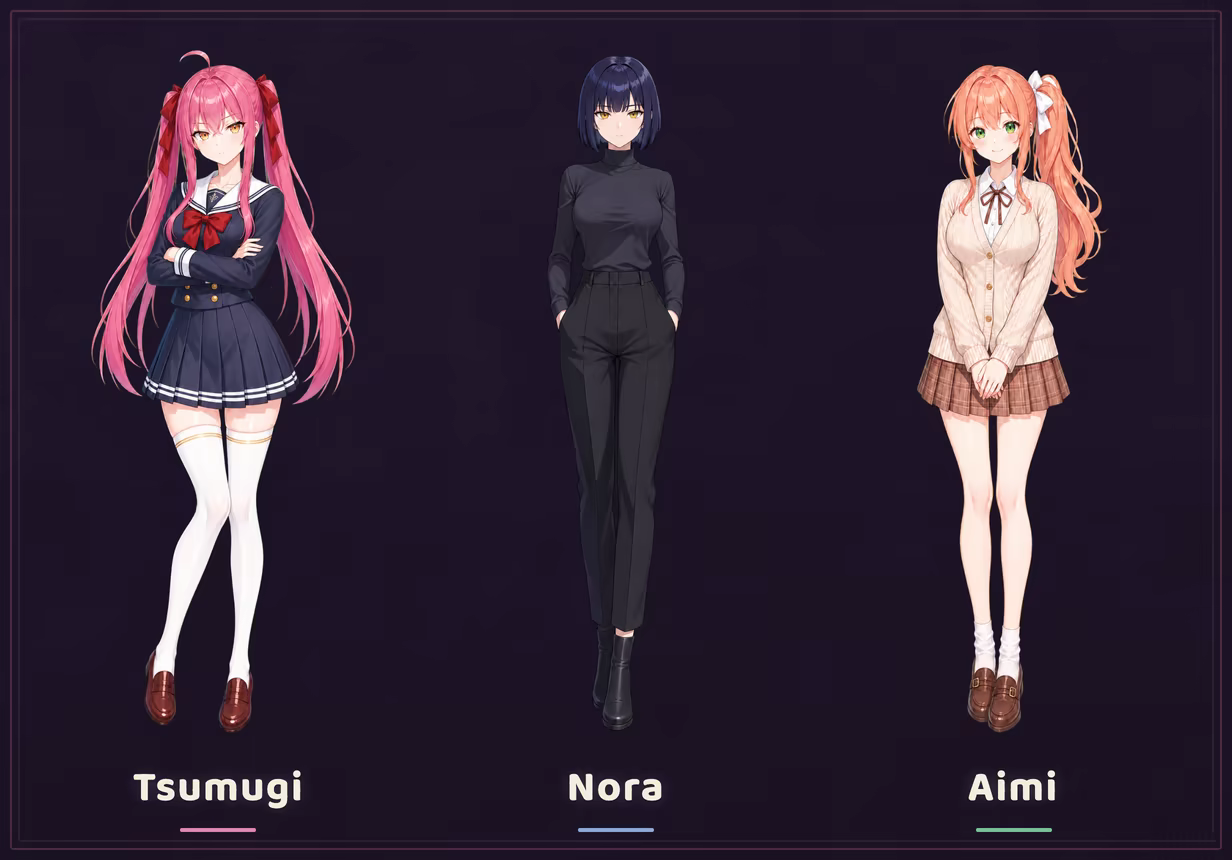 Tsumugi, Nora and Aimi standing side by side against a chalkboard.