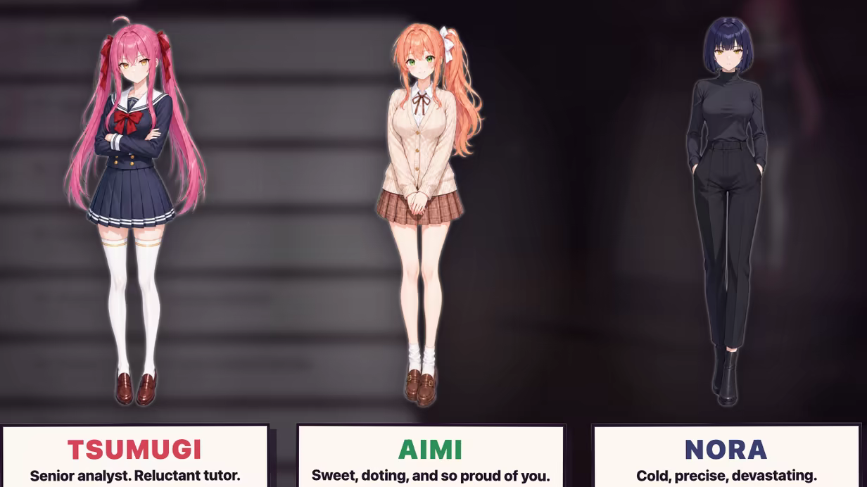 Tsumugi, Aimi and Nora standing side by side under their name plates.