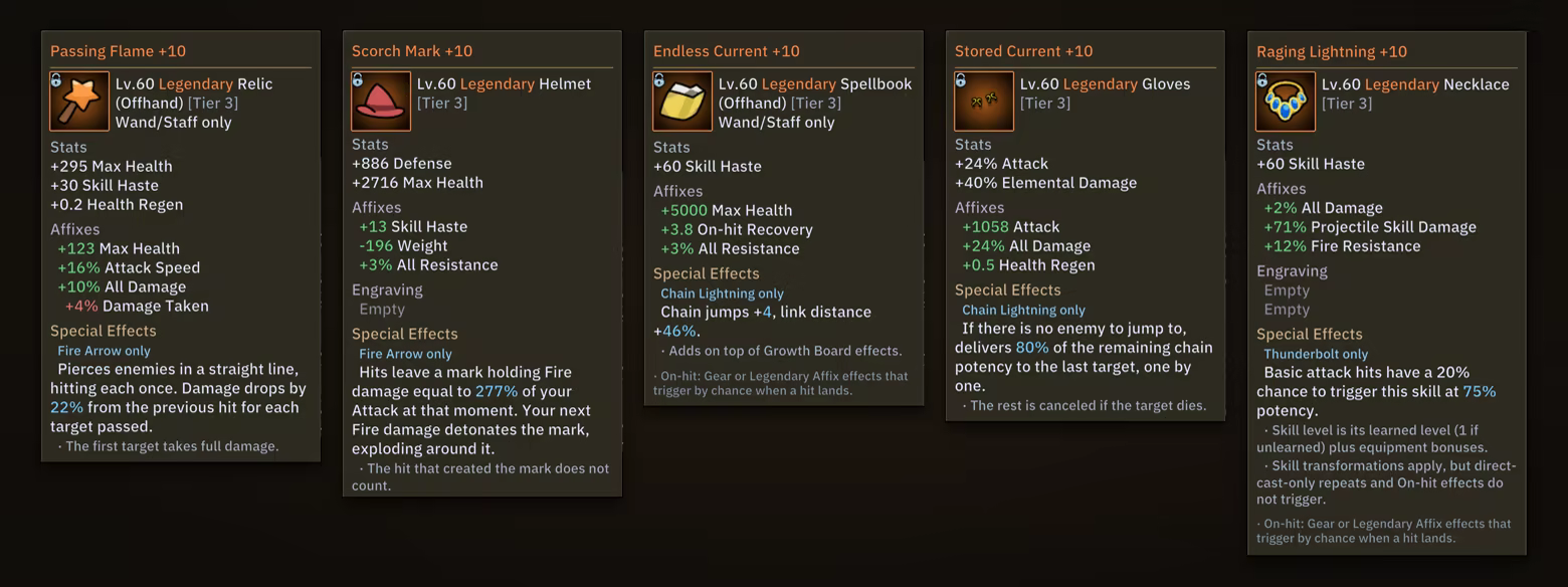 Tooltips for five legendary items with Fire Arrow, Chain Lightning, and basic-attack trigger effects.