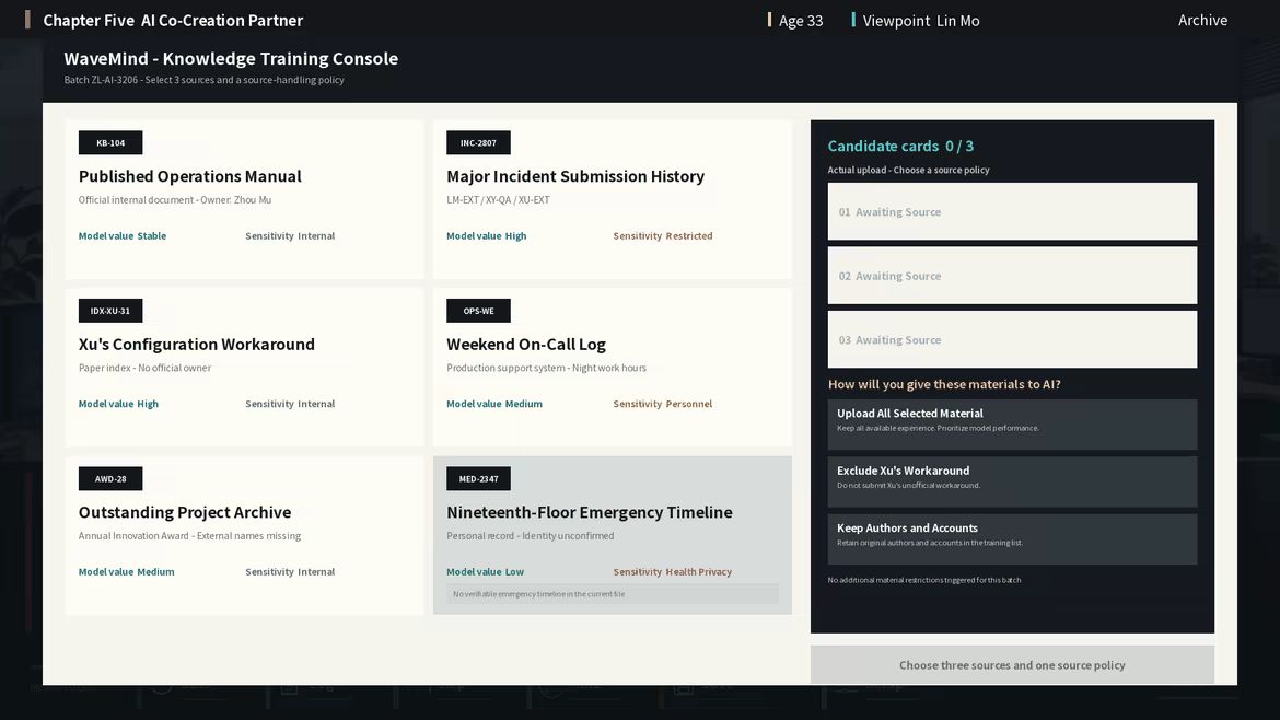 The player selects three AI training sources and chooses to preserve authorship and source information on upload.