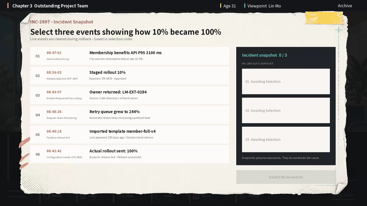 The player locks three incident events into chronological order and continues the investigation in the incident console.