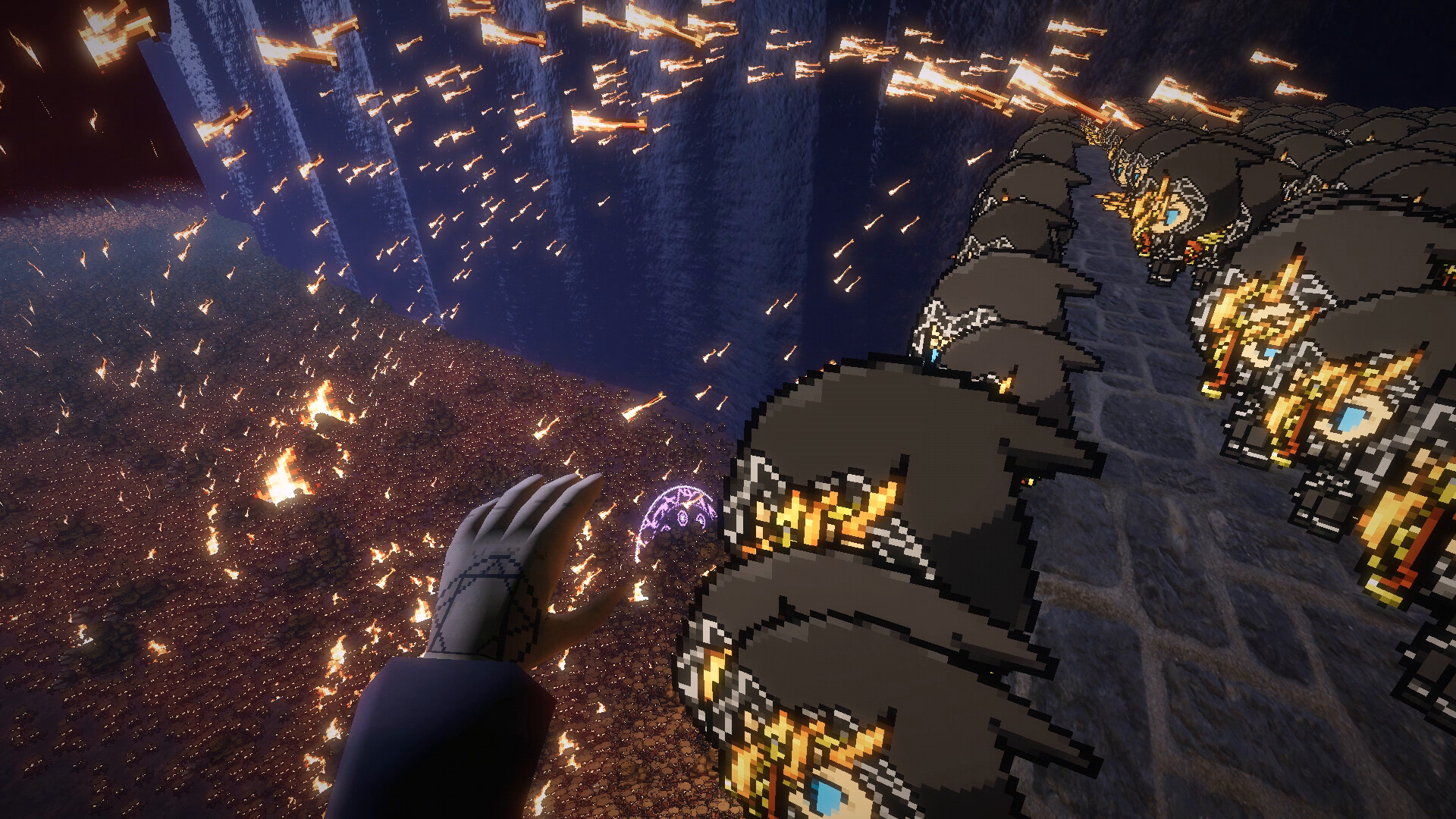 『Walls Were Built to Fall』のプレイ画面。城壁の上にドット絵の弓兵と魔導士が並び、崖下の大群へ無数の矢を放っている