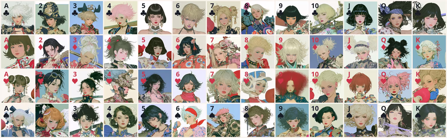 52 Legendary Doll head portraits in a grid of 13 columns and 4 suit rows.