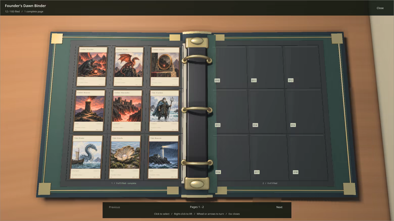 An open Founder’s Dawn binder with nine collected cards filling the left page and numbered empty pockets on the right.