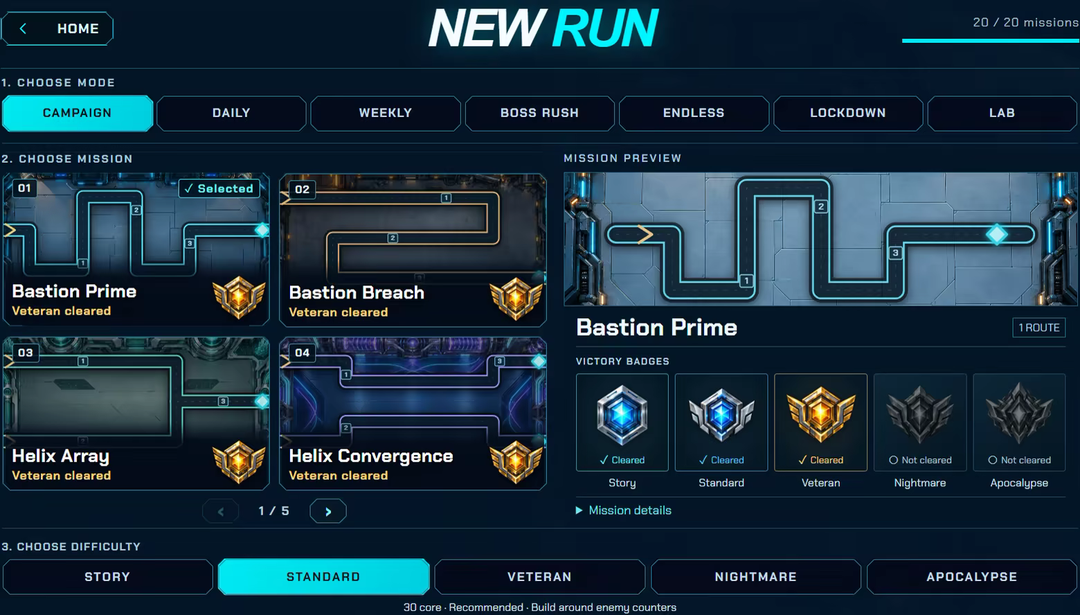 Campaign selection showing four of twenty missions, map previews, earned victory medals, and the five difficulty choices from Story to Apocalypse.
