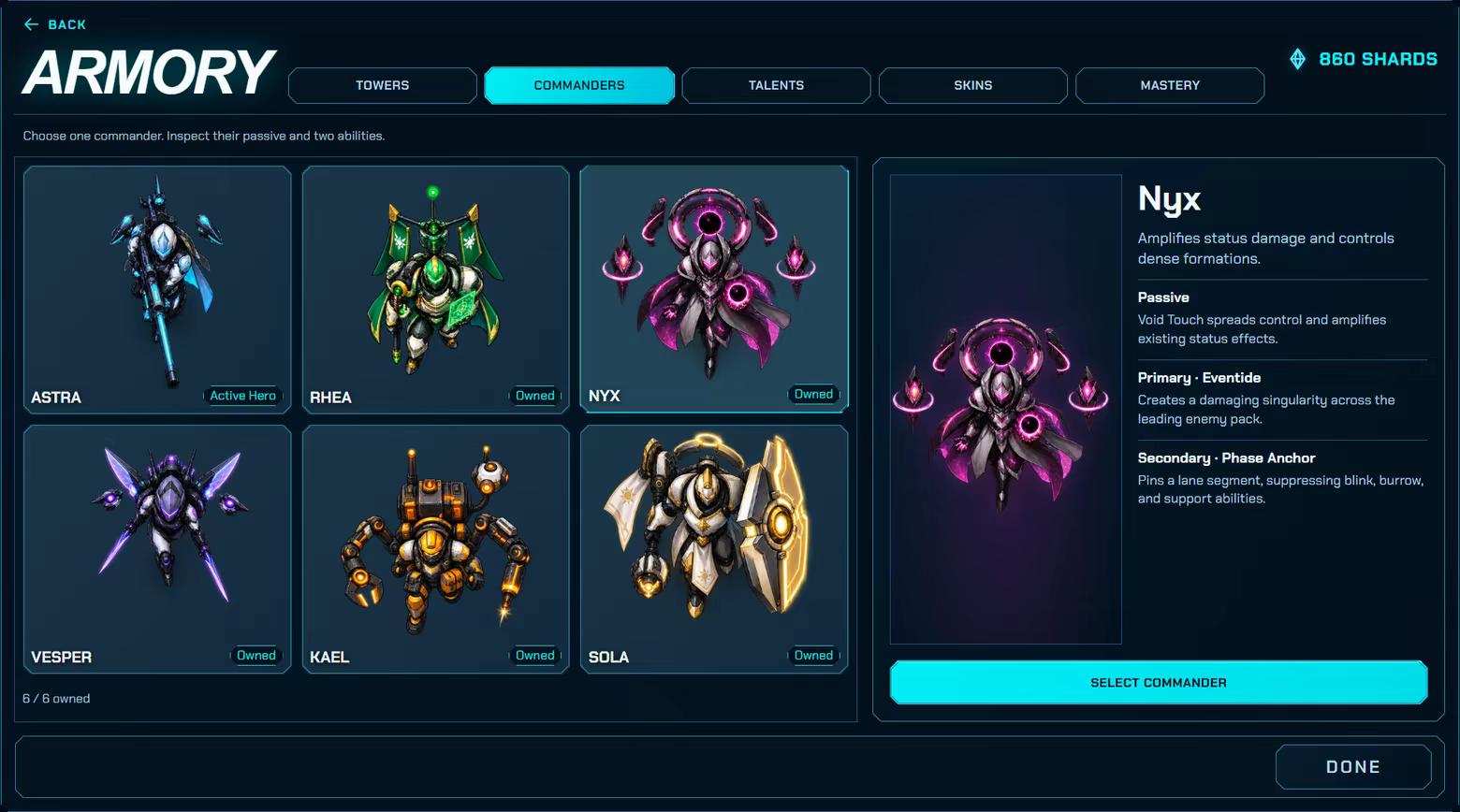 The six playable commanders in the Armory: Astra, Rhea, Nyx, Vesper, Kael and Sola, with Nyx's passive and two abilities displayed.