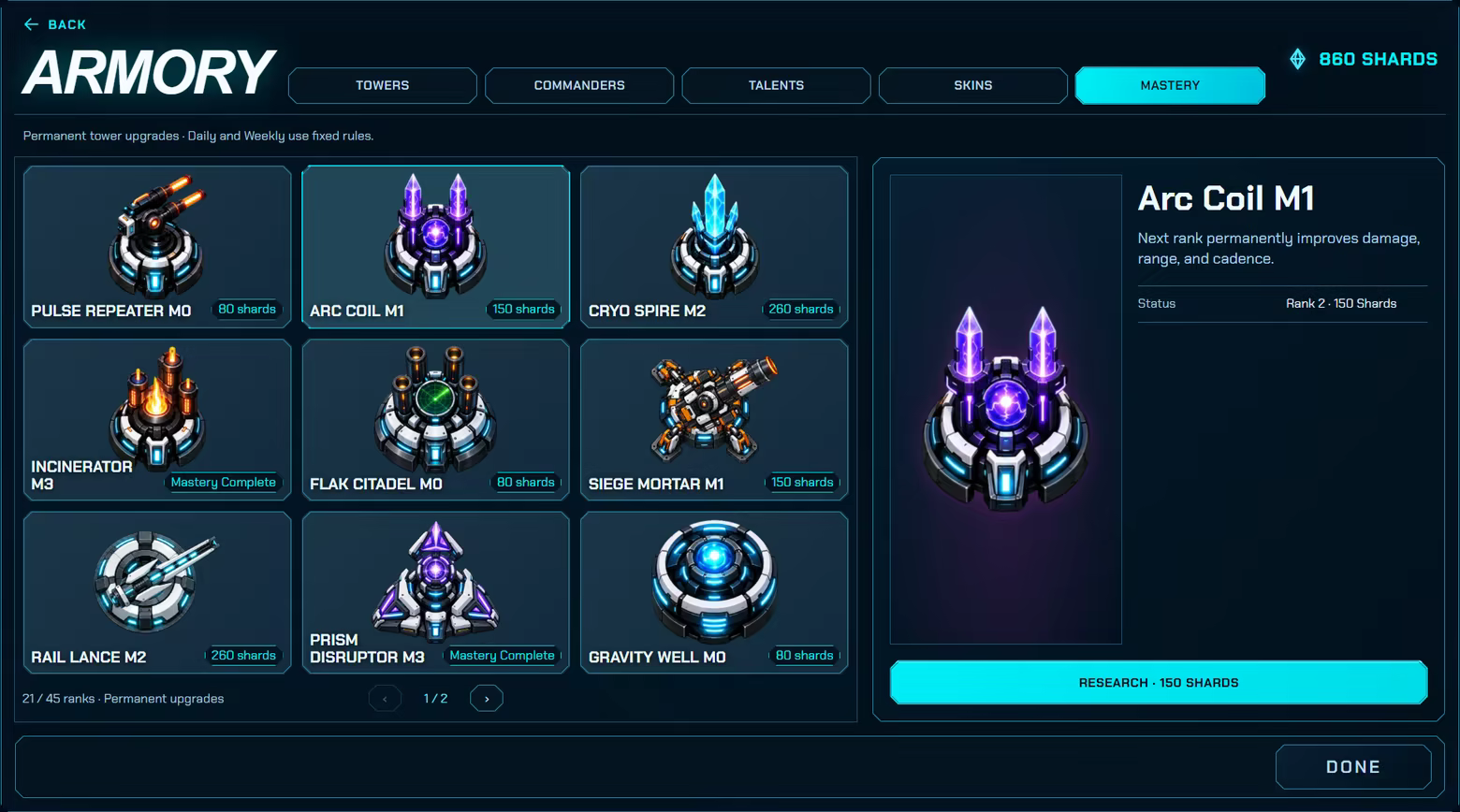 Tower mastery research in the Armory, showing towers at ranks M0, M1, M2 and M3, with the Arc Coil selected and the cost of its next permanent upgrade.