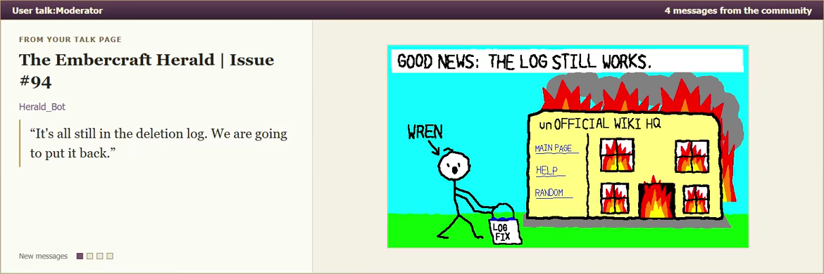 Four humorous talk-page images: the wiki on fire, a recolored festival hat, a bag-size advert, and a chain letter warning about Timmy.
