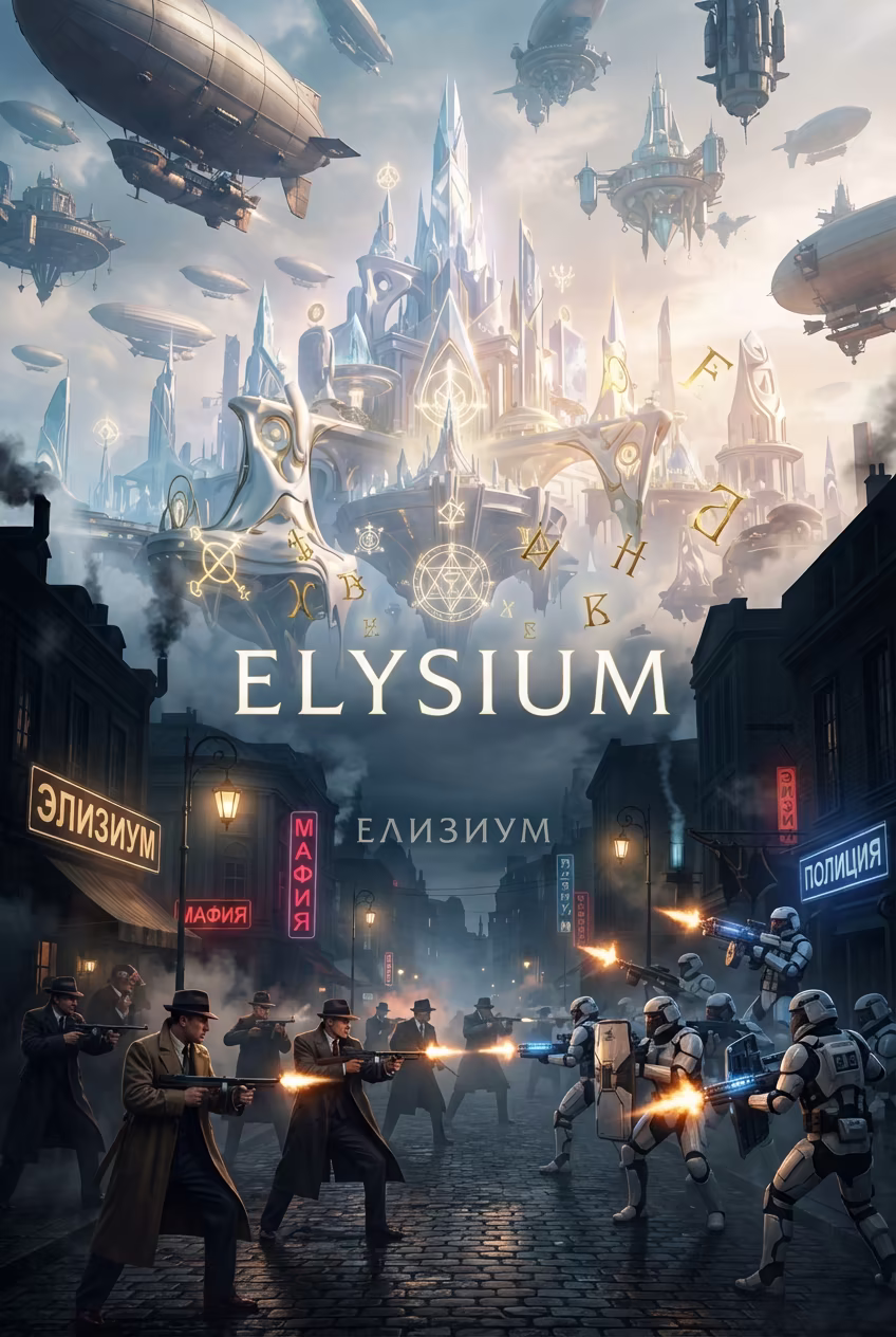 Battles and fighting and shooting between the Mafia and Police factions under the floating city of light ELYSIUM