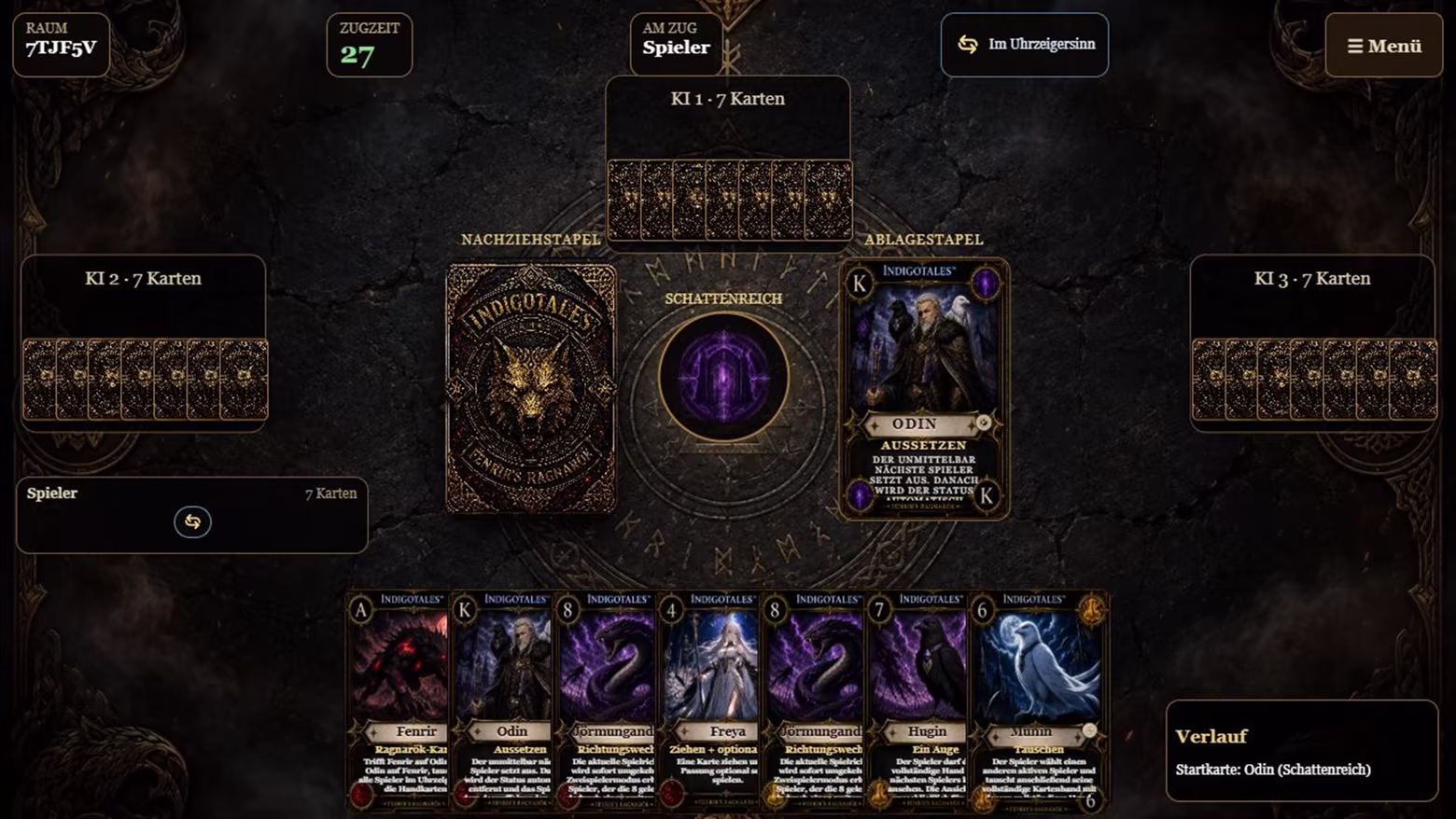 A four-player match of Fenrir’s Ragnarök with the discard pile in the middle and the player’s hand along the bottom of the board.