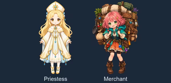 Full character portraits of the Priestess and the Merchant.