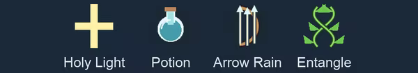 Four companion abilities: Holy Light, Potion, Arrow Rain, and Entangle.