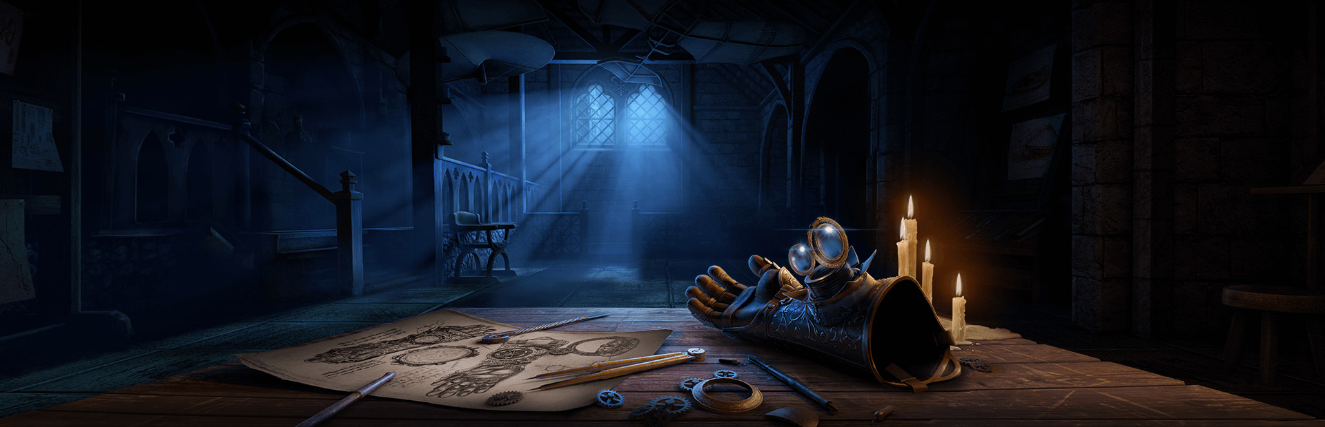 Key art for The House of Da Vinci showing a mechanical gauntlet, gears and blueprints laid out on a workshop table inside a candlelit Renaissance chapel