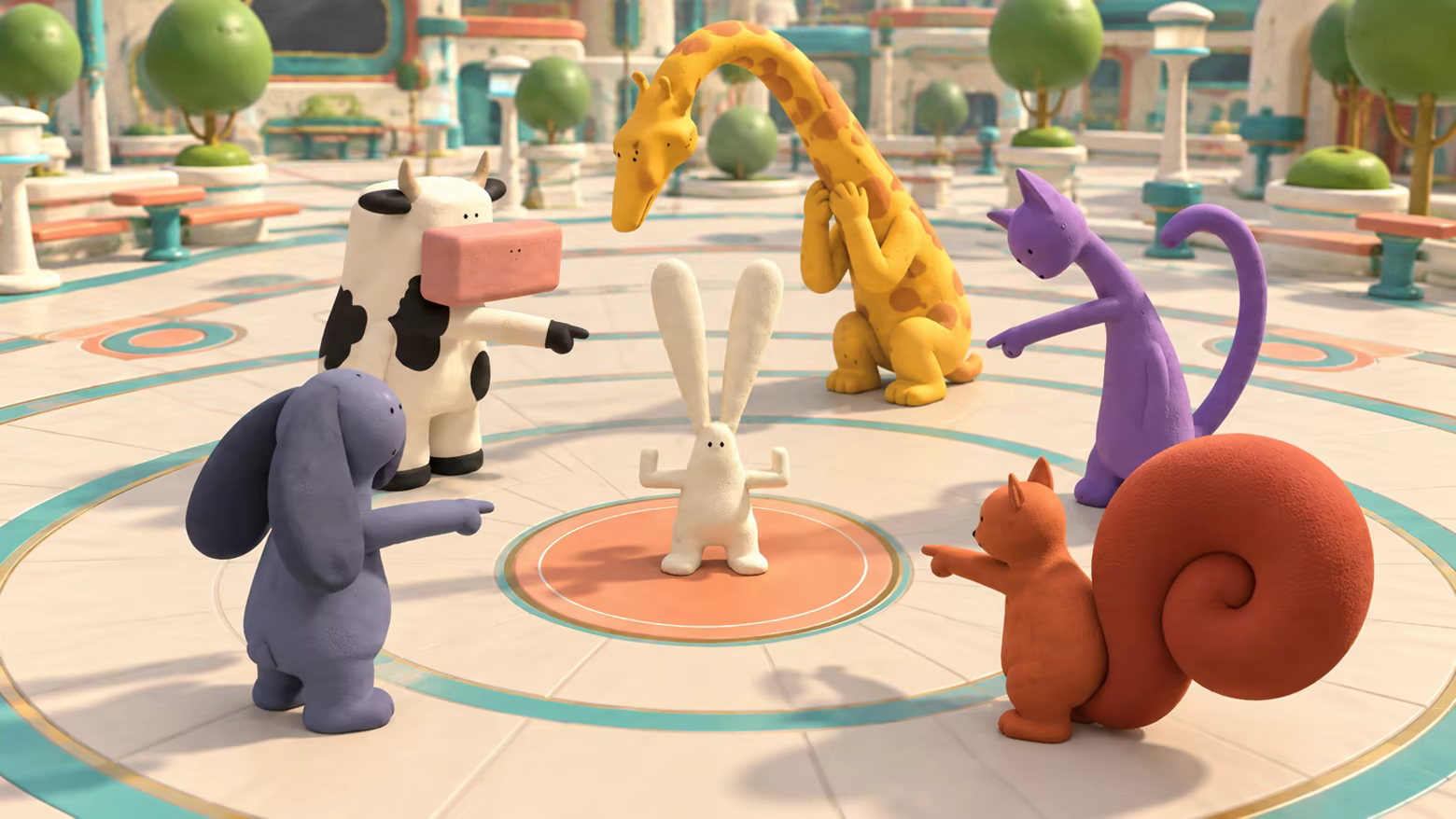 Promotional illustration: six clay animals form a circle of suspicion around a rabbit trying very hard to look like a robot.