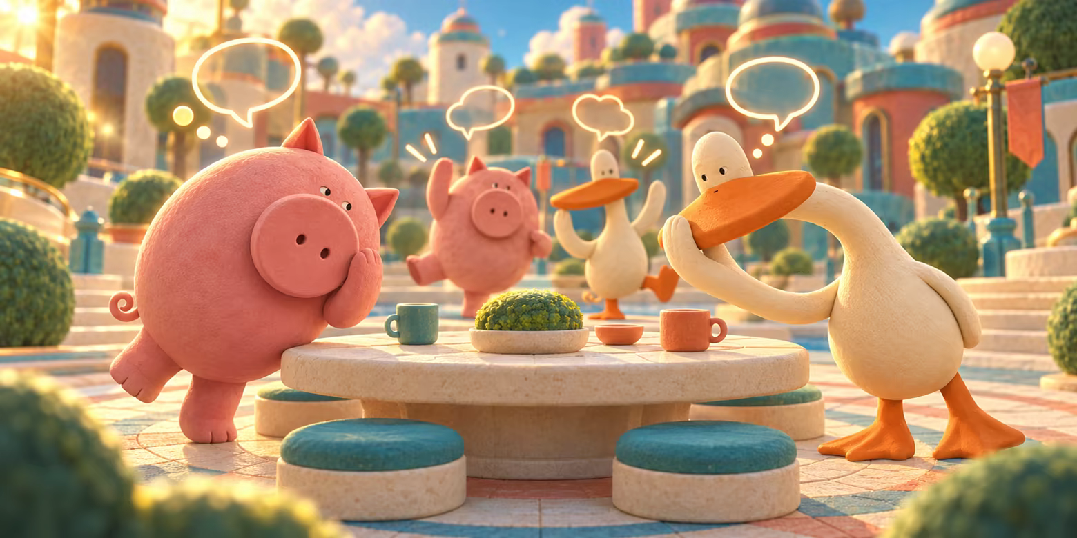 Two clay pigs and two ducks whisper and copy each other's poses around a plaza table. Brand illustration.