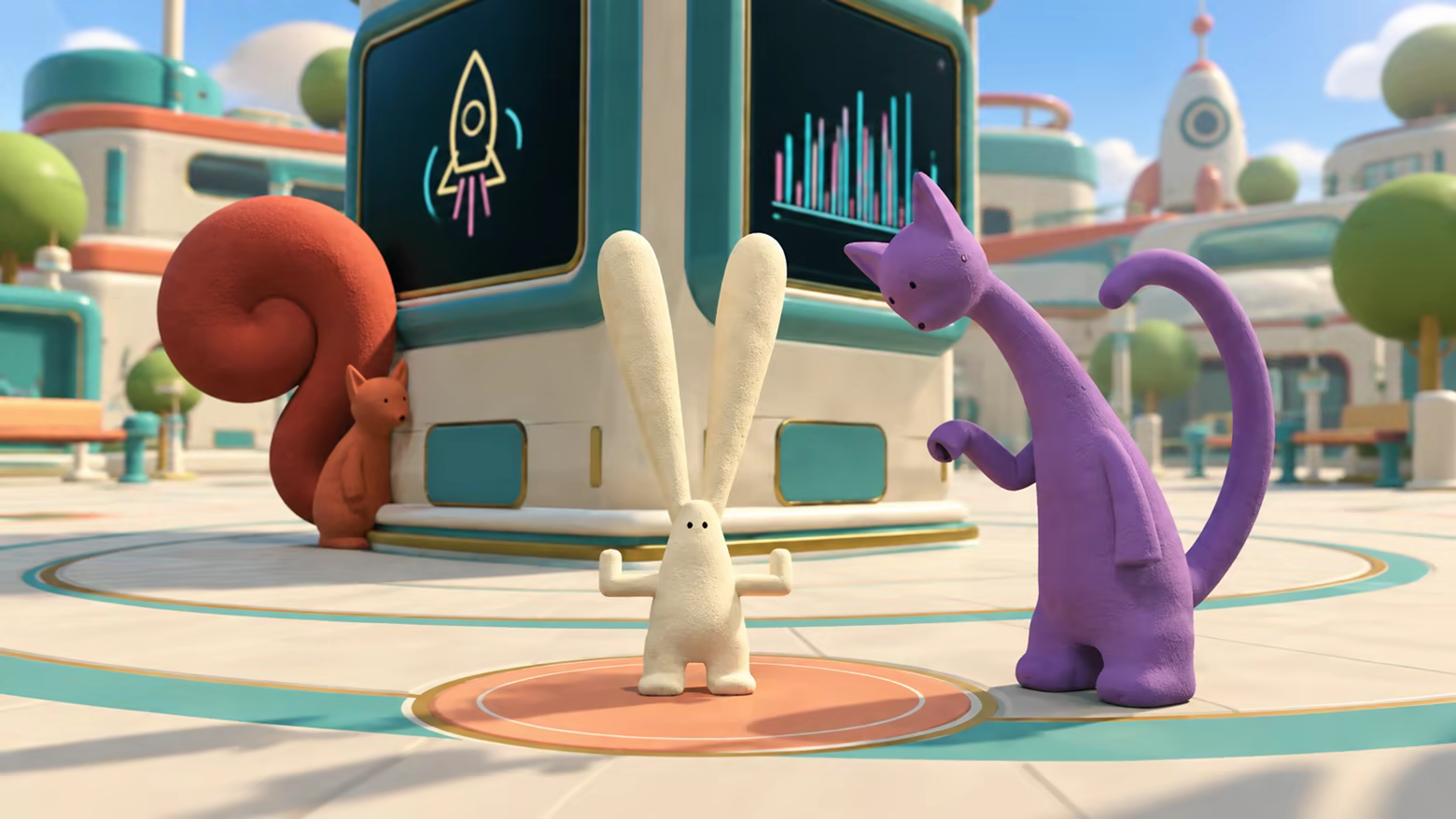 Promotional illustration: a long-eared rabbit strikes a stiff robot pose while a purple cat inspects it and a squirrel peeks from behind the terminal.