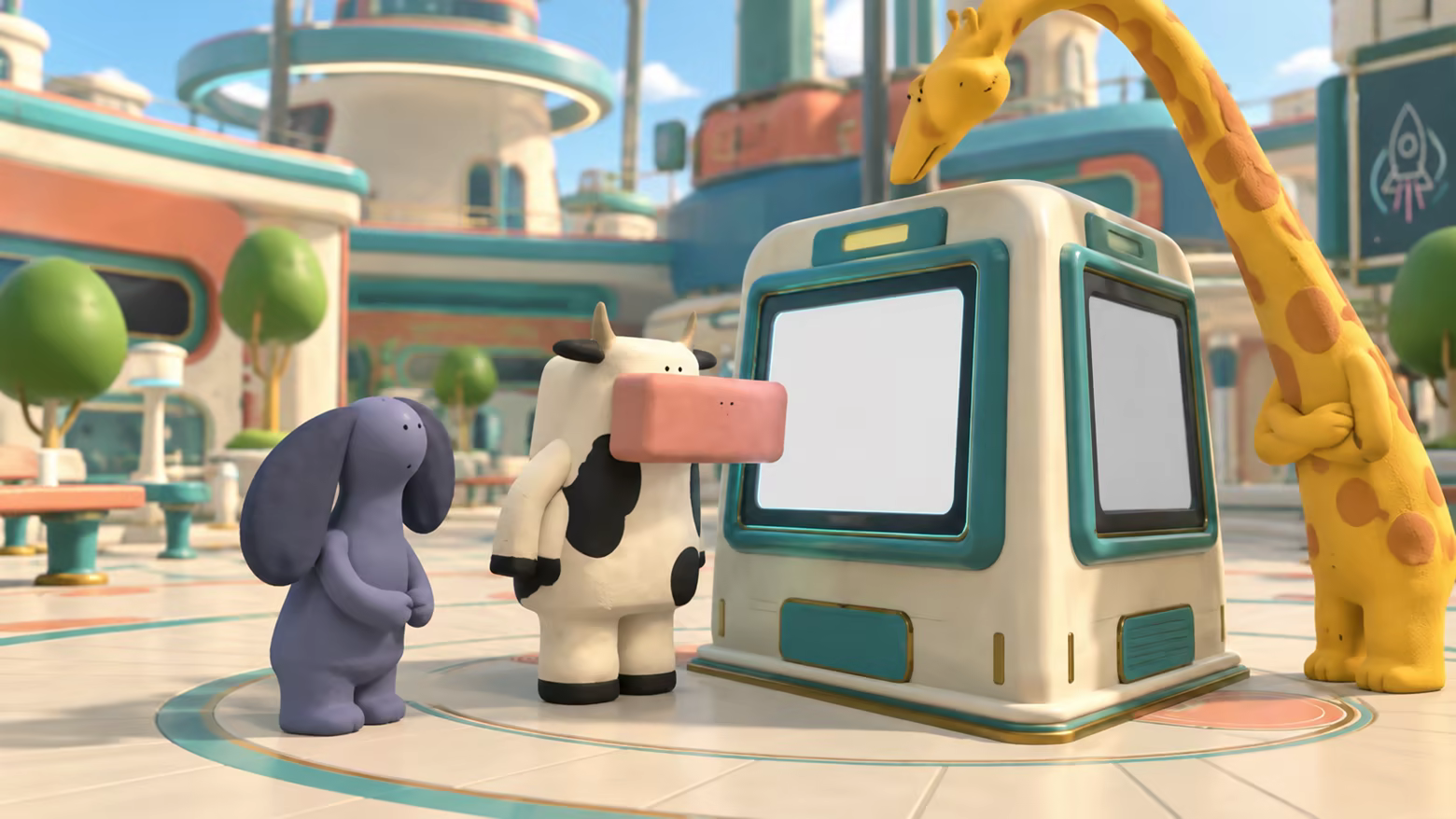 Promotional illustration: a wide-muzzled cow silently faces the terminal while a dog waits and a giraffe leans in to investigate.