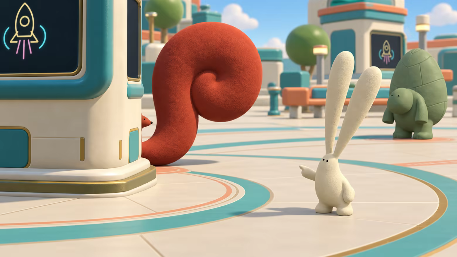 Promotional illustration: a squirrel hides behind the terminal but leaves its enormous spiral tail exposed; a rabbit points while a tortoise looks unimpressed.
