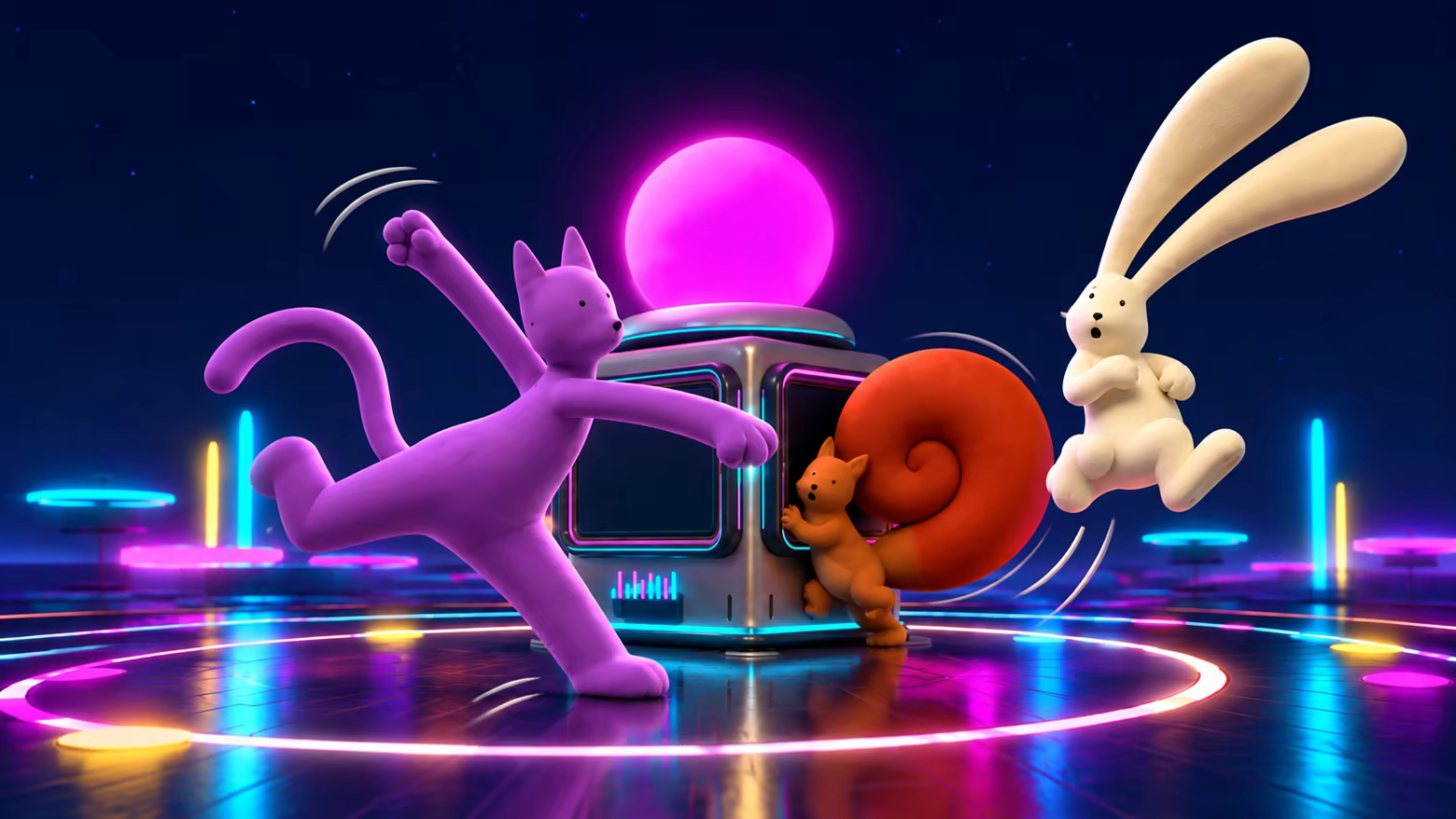 Promotional illustration: in the neon arena, a purple cat swings and misses, a long-eared rabbit jumps away, and a squirrel ducks beside the terminal.