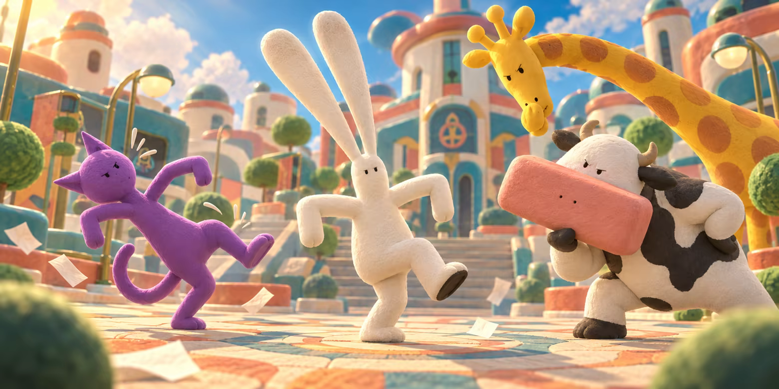 A clay rabbit and a cat try stiff robot poses while a cow and giraffe watch suspiciously in a sunny plaza. Brand illustration.