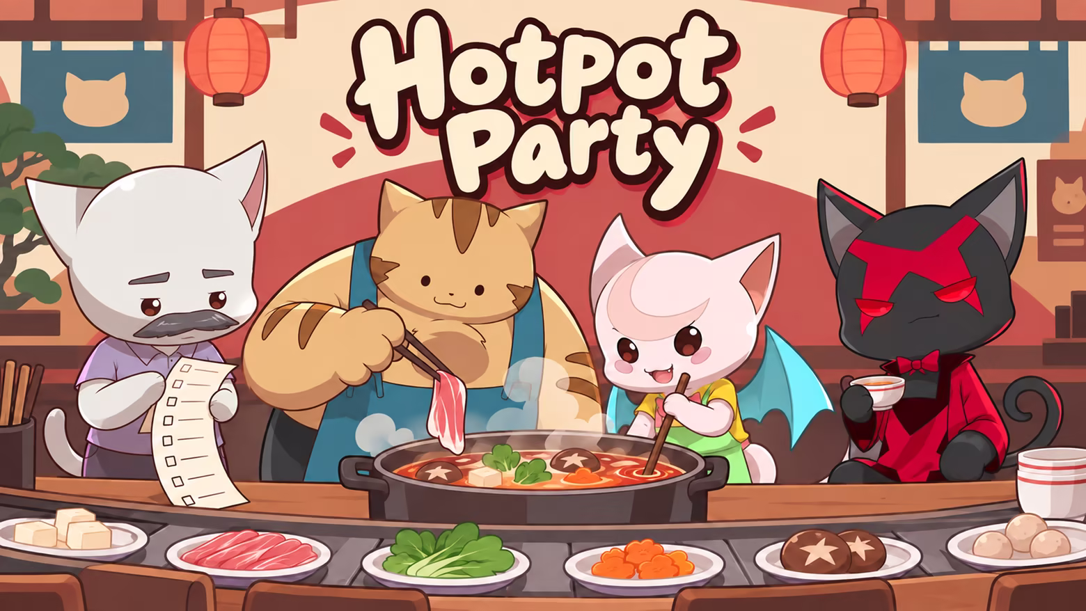 Four cats gather around a steaming hotpot beneath the Hotpot Party logo in a warm restaurant.