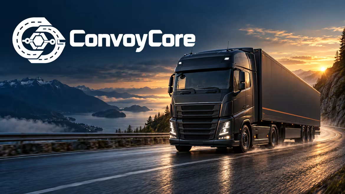 ConvoyCore wordmark above a dark truck on a coastal road in the morning light.