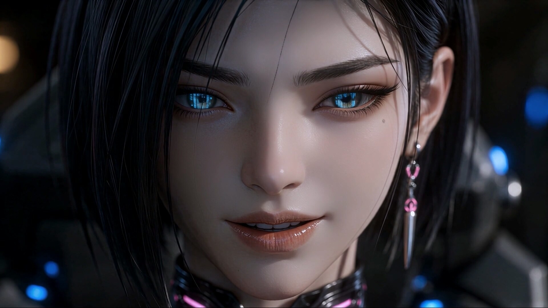 青い瞳に黒髪の女性の顔のアップ