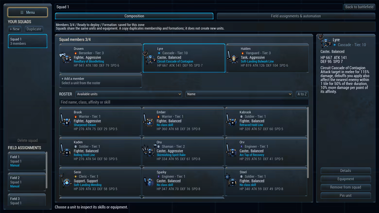 Squad selection that can be used for combat