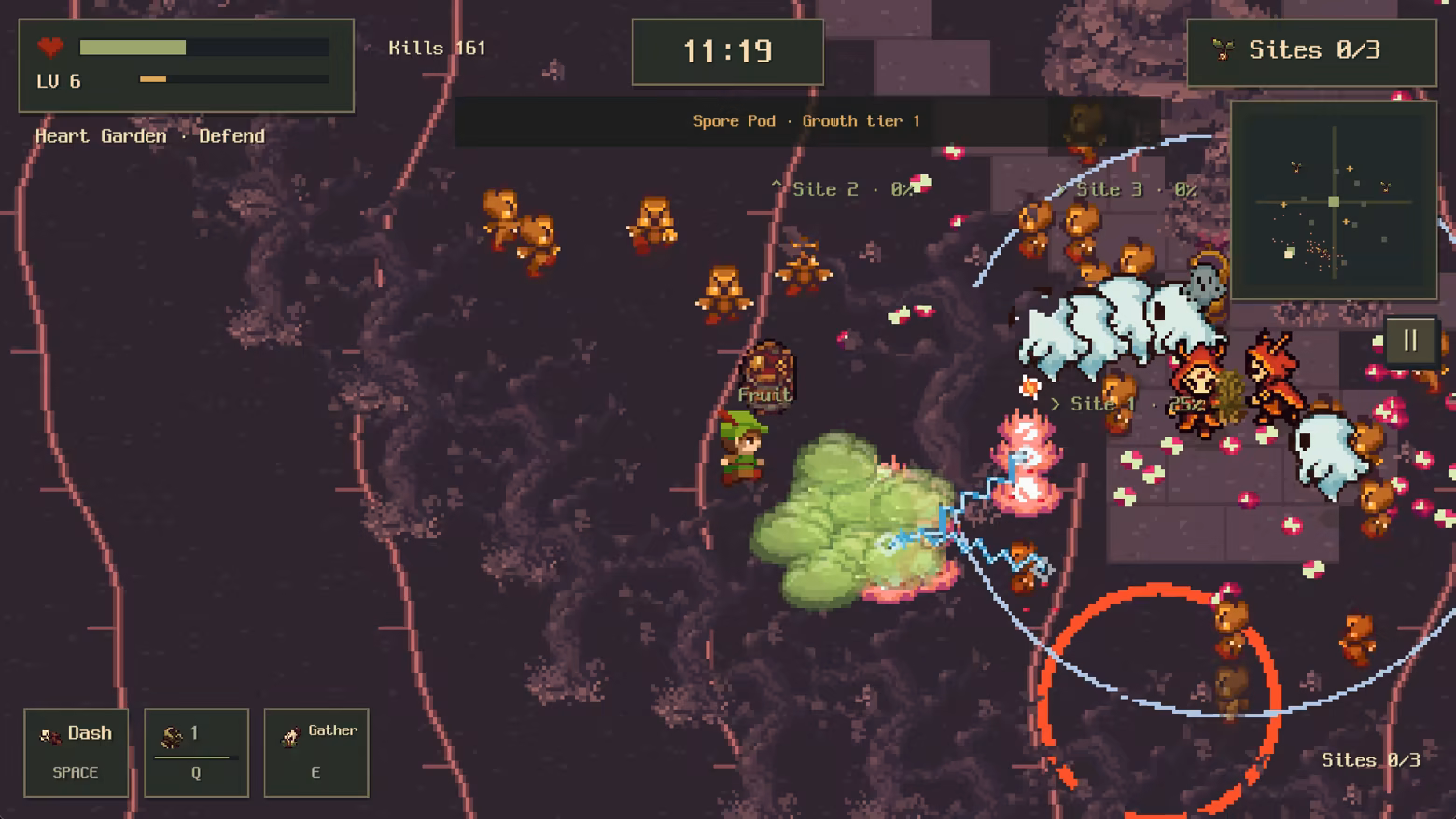 Actual gameplay: fighting enemy hordes with the Spore Pod in the Heart Garden.