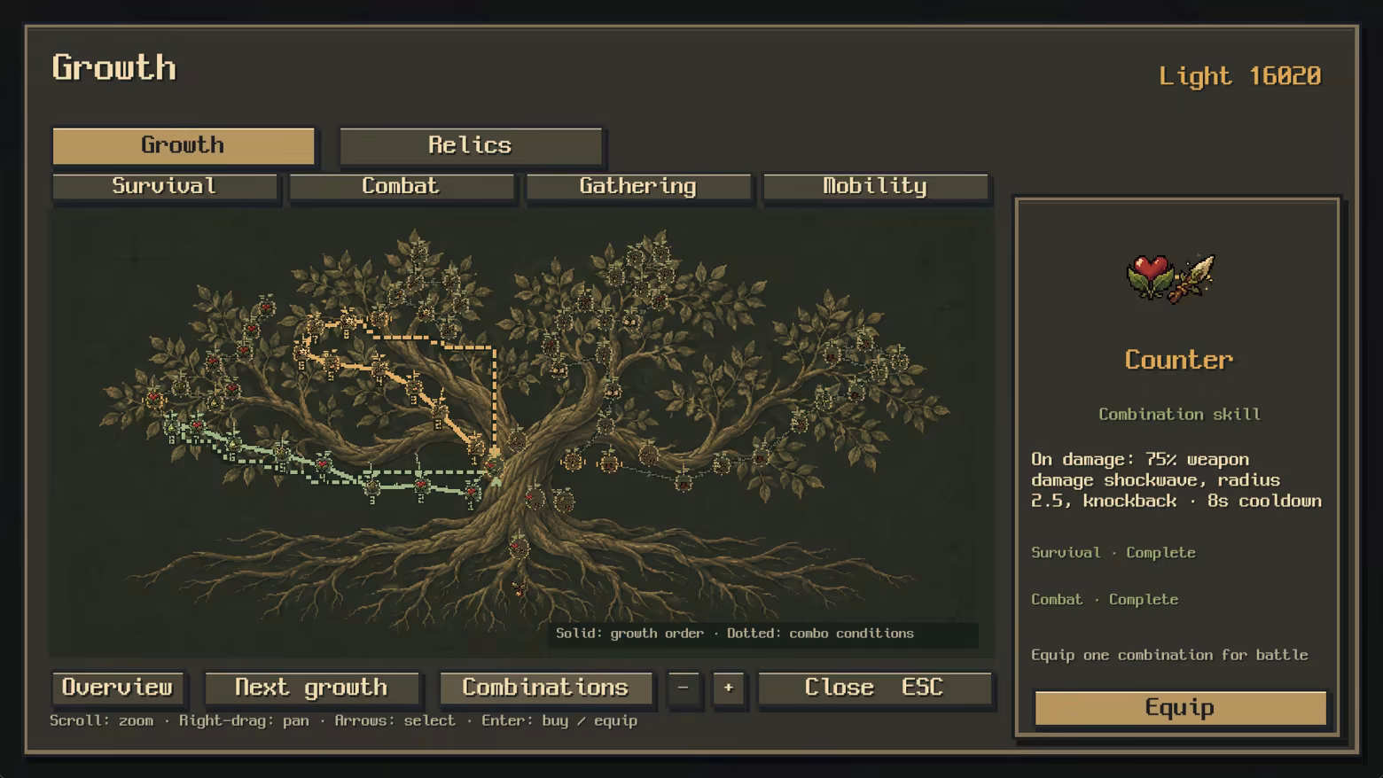The growth screen shows individual Survival, Combat, Gathering, and Mobility steps, with combination skills linking two branches.