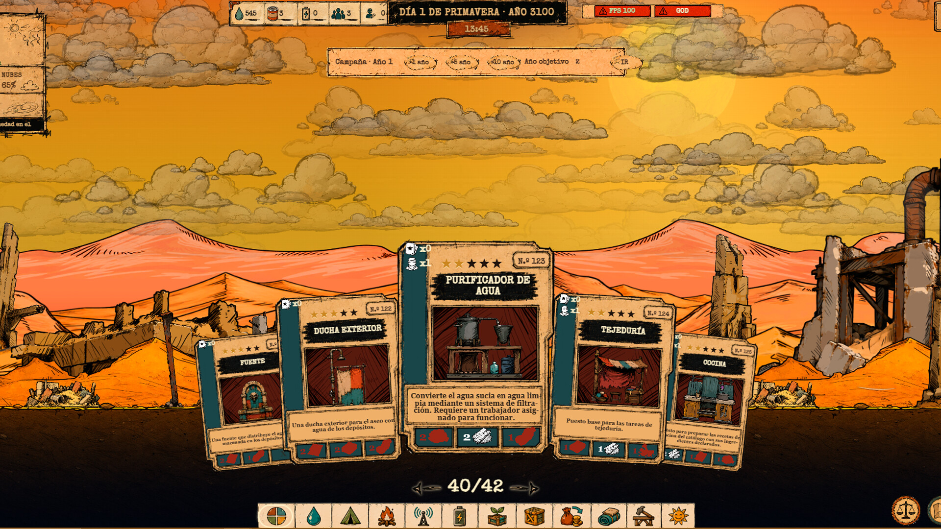 Technology cards displayed over the desert settlement interface.