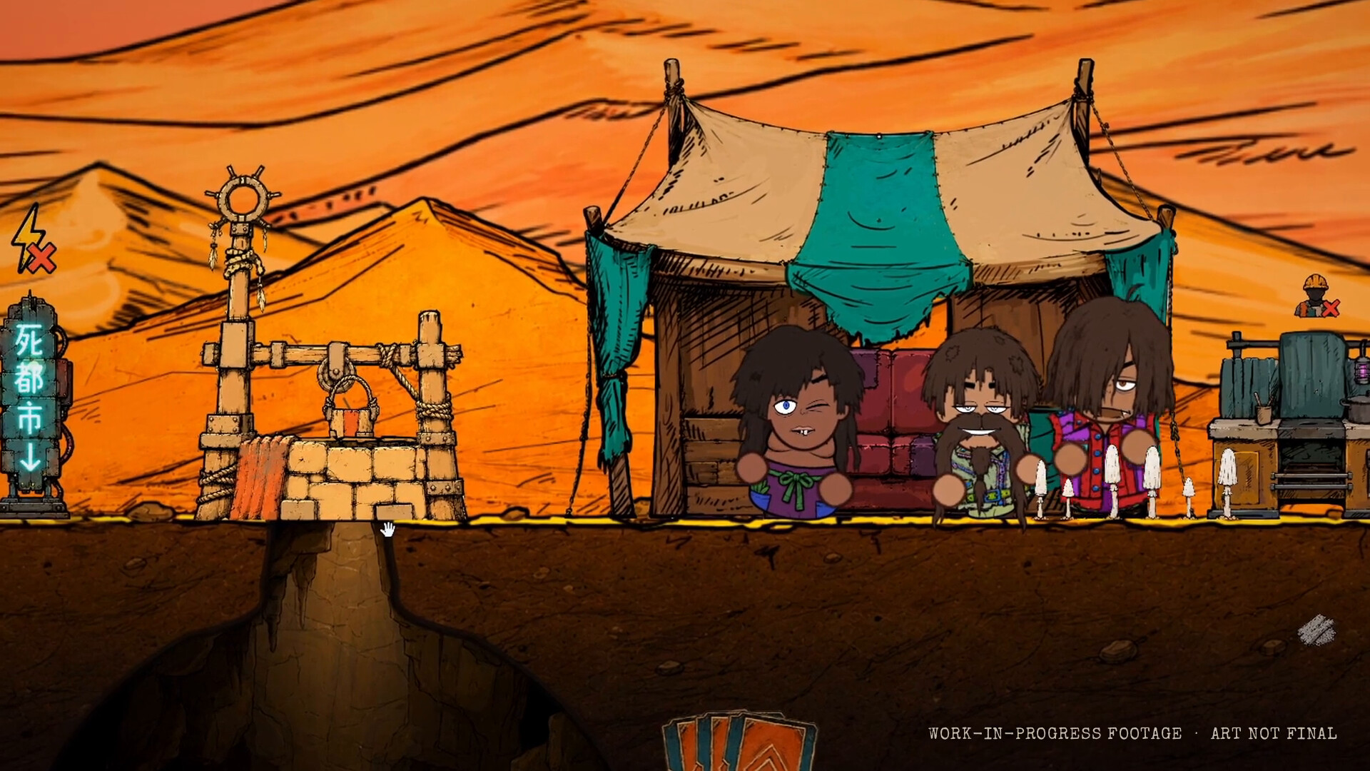 Illustrated survivors gathered at a turquoise market tent in the settlement.