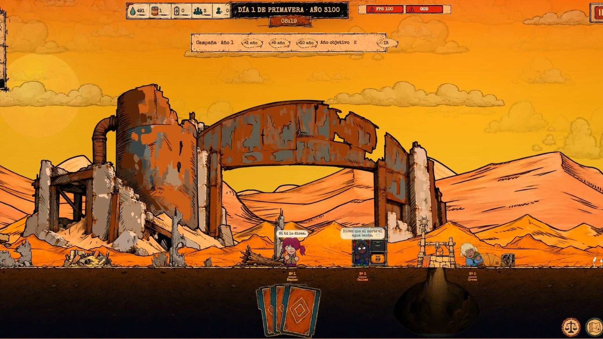 A side-on settlement built among rusted industrial ruins and orange desert dunes.
