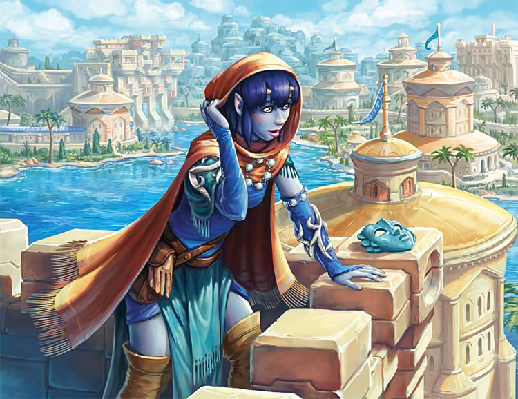 A purple elf in a red cloak standing on a tall tower overlooking a large city next to a blue river.