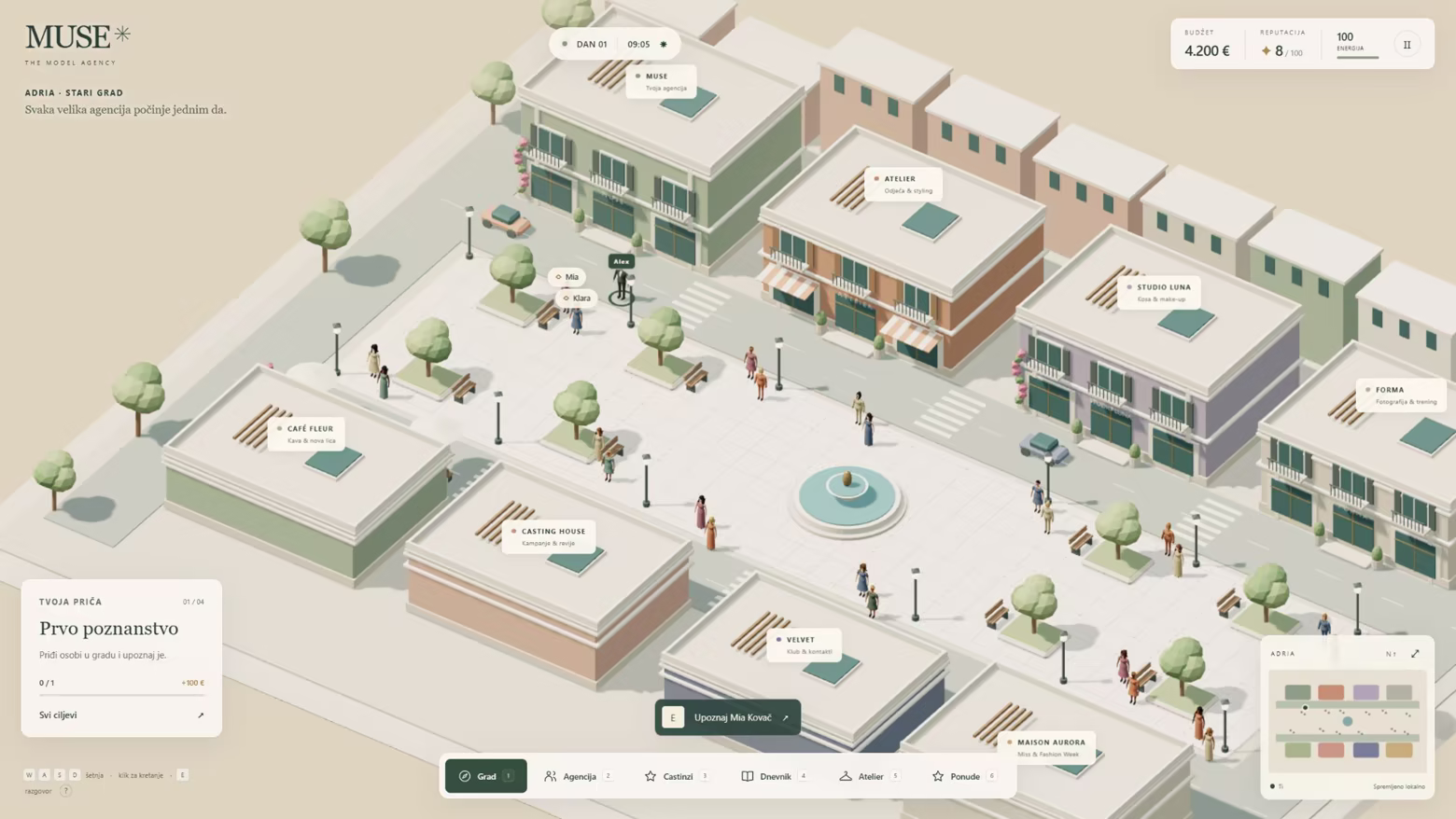 In-game view of Adria, with streets, buildings and locations to visit while managing your model agency.