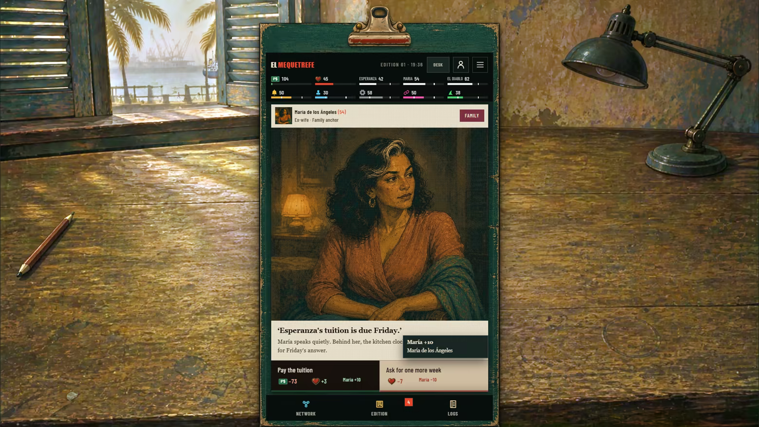 At dusk, Ernesto decides how to answer María about Esperanza's tuition before closing the newspaper.