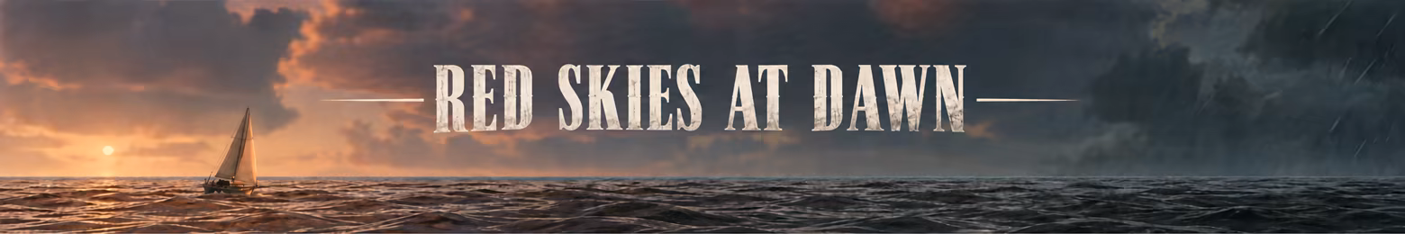 Red skies at dawn logo on a image of a beautiful sunset on the left overshadowed by an ominous storm approaching on the right. Calm to chaos